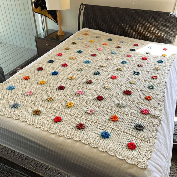 Handmade Crochet Afghan Blanket Puff 3D Flowers Cotton Blend 72x52 Boho Cottagec - Picture 2 of 12